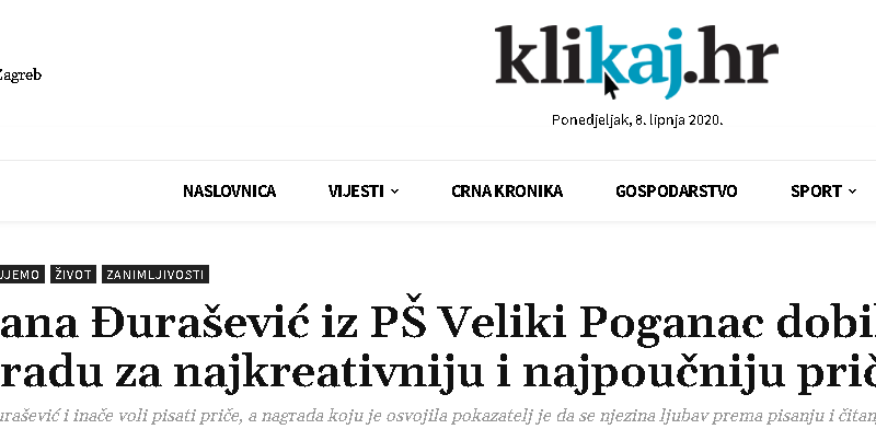 Klikaj.hr: Zorana Đurašević iz PŠ Veliki Poganac dobila nagradu za najkreativniju i najpoučniju priču