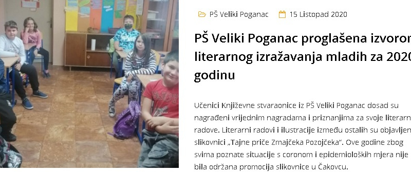 Općina Rasinja: PŠ Veliki Poganac proglašena Izvorom literarnog izražavanja mladih za 2020. godinu