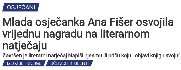 OsijekNews: Mlada osječanka Ana Fišer osvojila vrijednu nagradu na literarnom natječaju