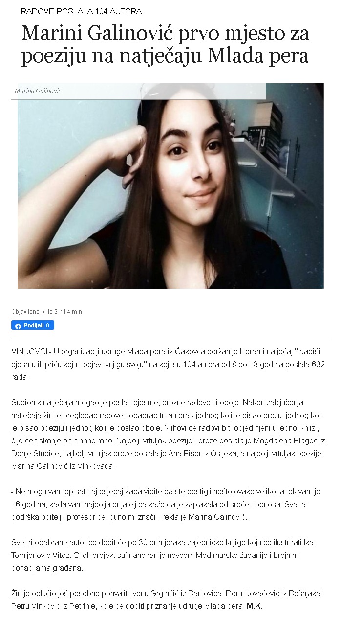 Glas Slavonije: Marini Galinović prvo mjesto za poeziju na natječaju Mlada pera