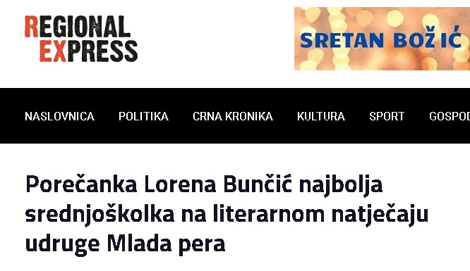 Regional express: Porečanka Lorena Bunčić najbolja srednjoškolka na literarnom natječaju udruge Mlada pera