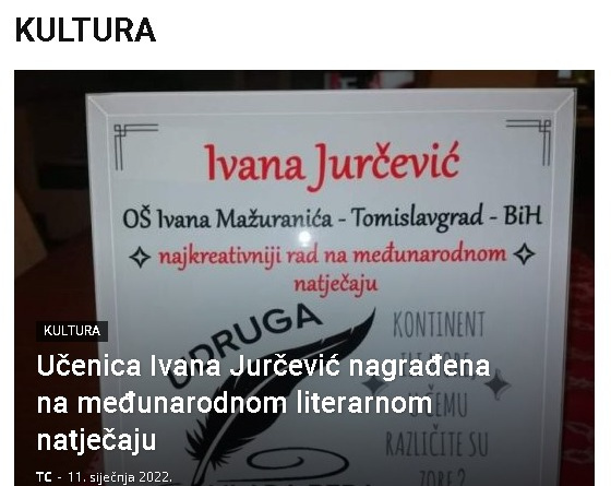 Tomislav City: Učenica Ivana Jurčević nagrađena na međunarodnom literarnom natječaju