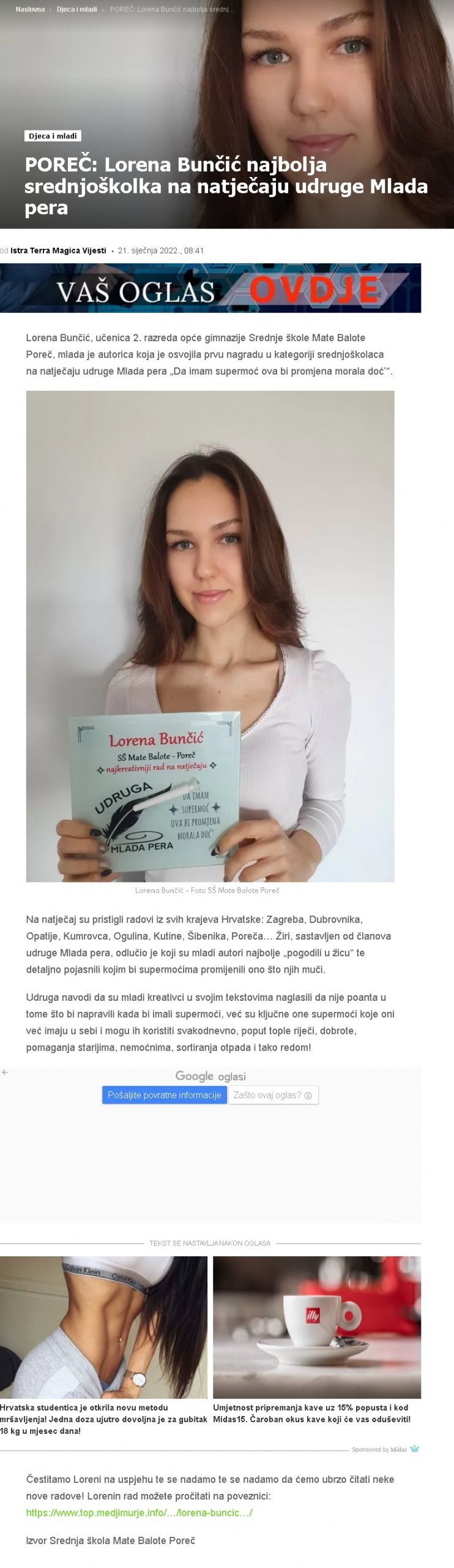 IstraTerraMagica: POREČ: Lorena Bunčić najbolja srednjoškolka na natječaju udruge Mlada pera