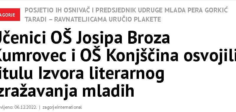 Zagorje International: Učenici OŠ Josipa Broza Kumrovec i OŠ Konjščina osvojili titulu Izvora literarnog izražavanja mladih