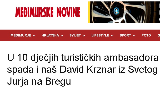 Međimurske novine: U 10 dječjih turističkih ambasadora spada i naš David Krznar iz Svetog Jurja na Bregu