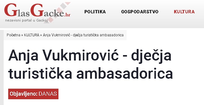 Glas Gacke: Anja Vukmirović - dječja turistička ambasadorica